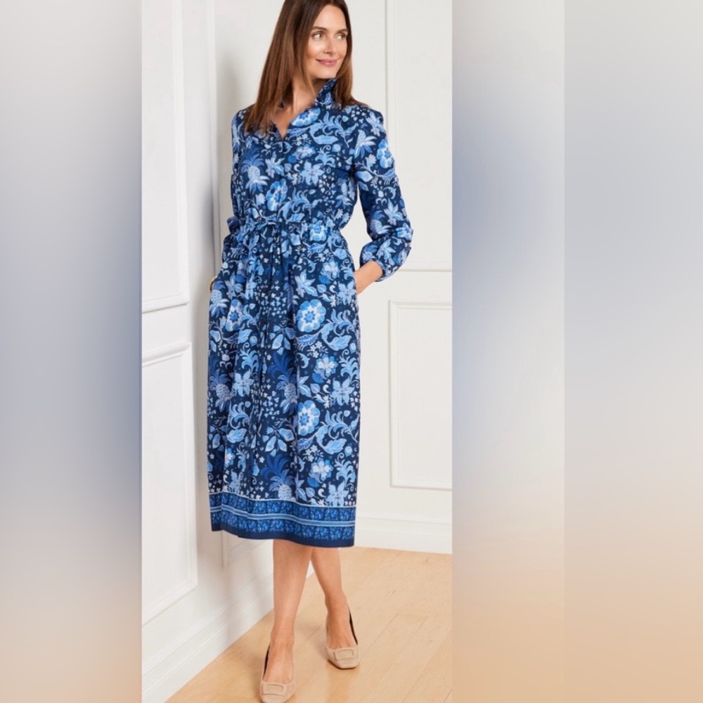 NWT Talbots CottonPoplin Blue Floral Toile Shirtwaist Dress Size 12 Classic